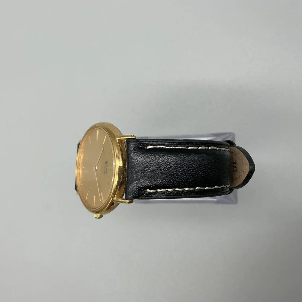 Vintage Seiko Mens Watch 31mm Gold Tone Black Leather 7N00-7A49 New Battery